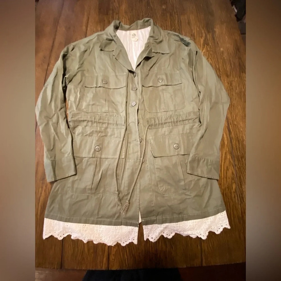 Tiny Anthropologie Olive Green Cargo Jacket White Floral Dainty Lace Large C2 - Picture 1 of 6